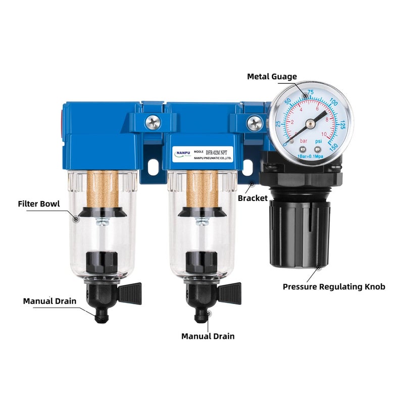 NANPU 1/4" NPT Air Drying System - Double Air Filters, Air Pressure Regulator Combo - Manual Drain, Poly Bowl - DFR-02M - Image 3